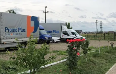 Trei mașini de livrare cu însemnele Promo Plus, parcate